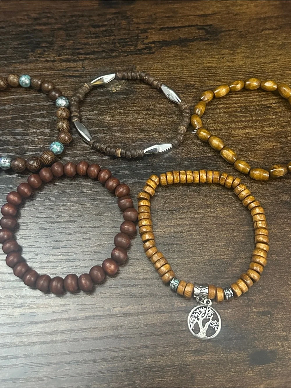 Boho Brown Wood Bead Bracelet Set with Tree Charm